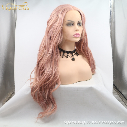 Xuchang Cheap Fashion High Quality Long Natural Wave Pink Color Synthetic Lace Hair Wig Machine Made Fiber Hair Wigs